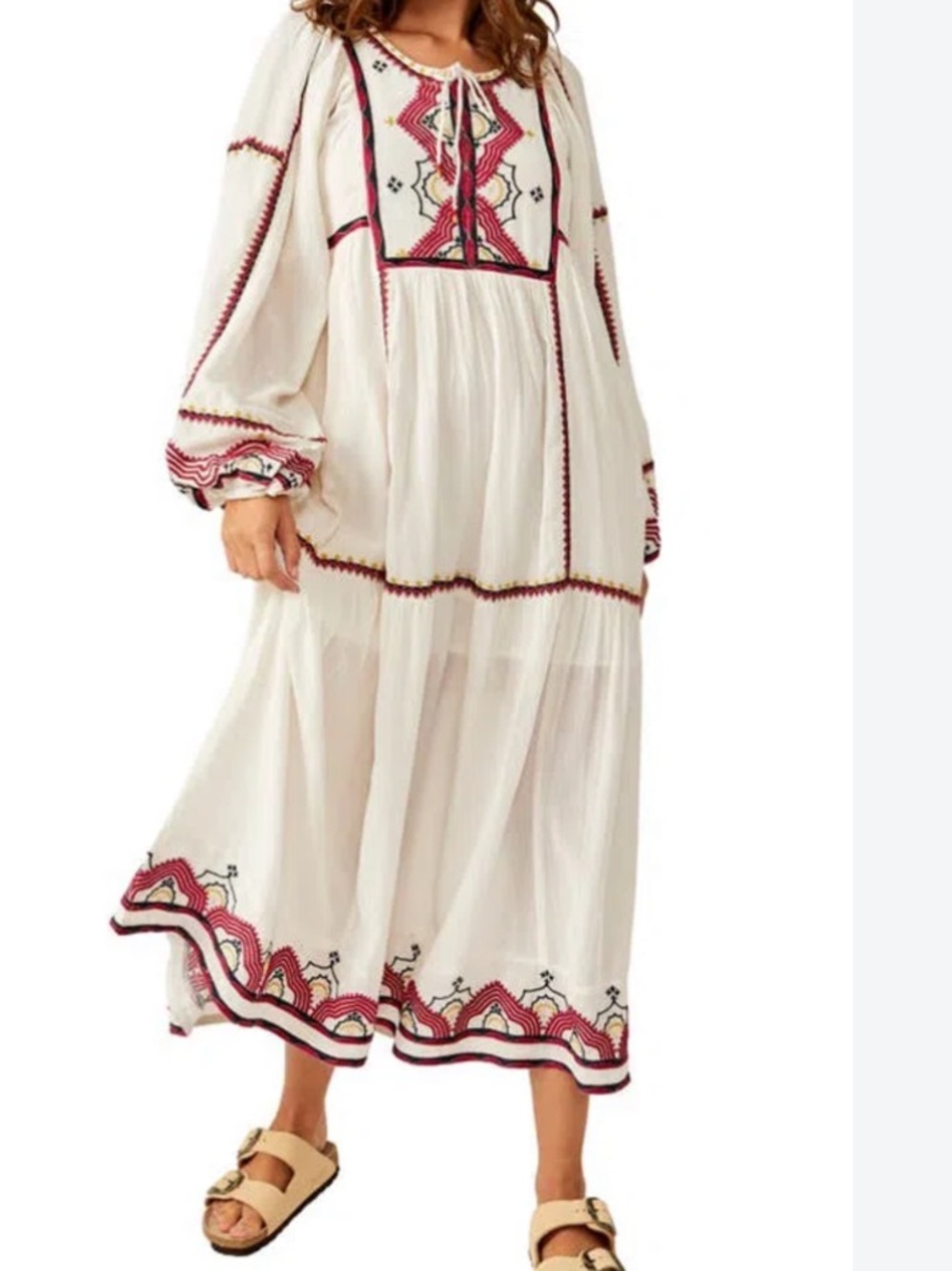Free People Sweet Escape Bohemian Embroidered Cream Midi Dress Lush Combo
